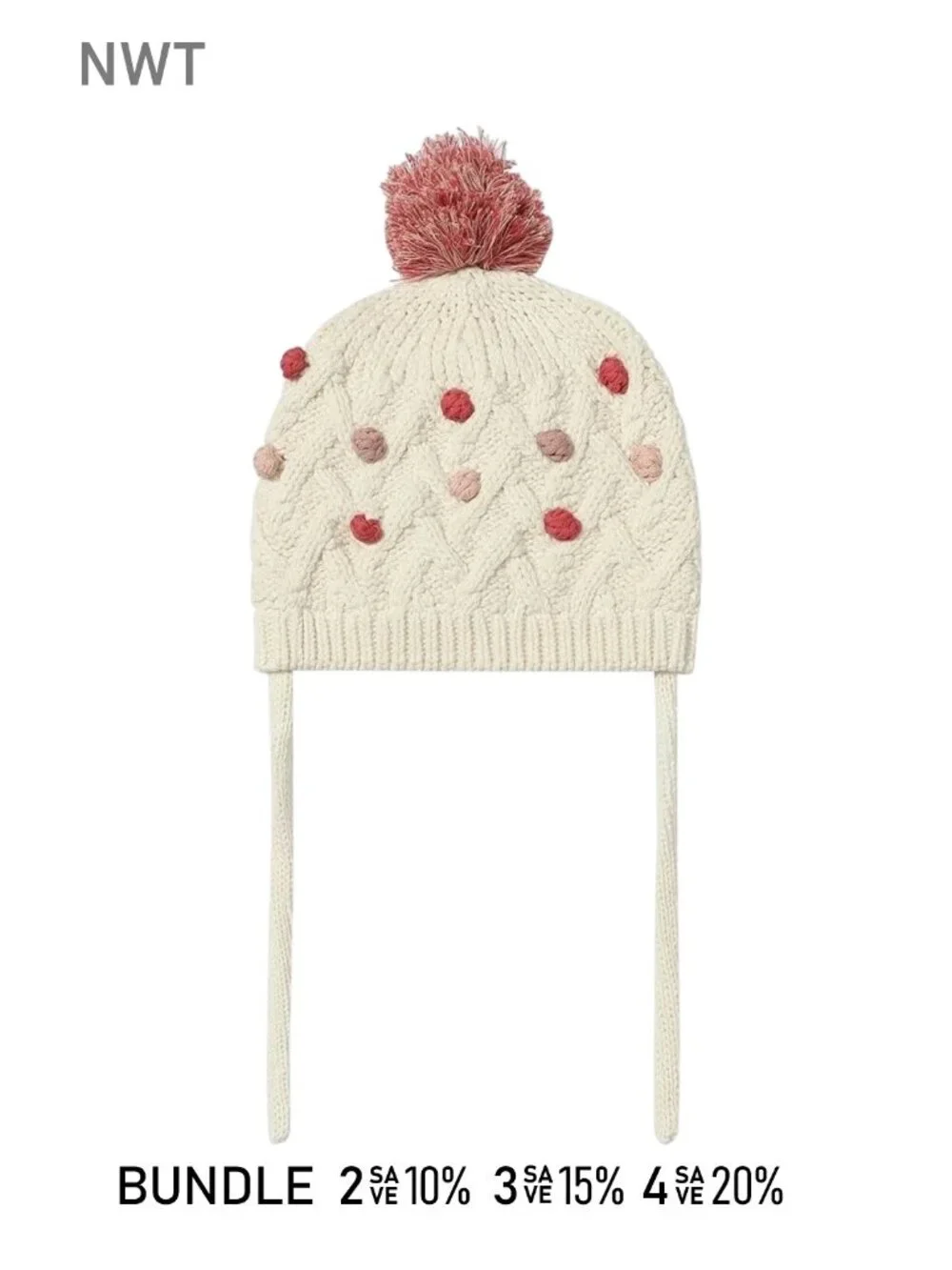 NWT - VIGNETTE Cream Knit Beanie features adorable rose & pink pompoms